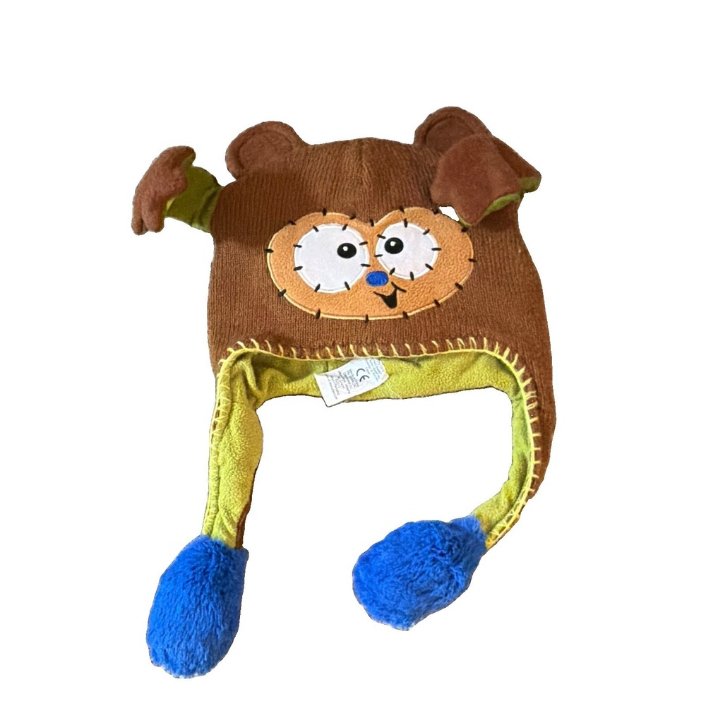 Flipeez Monkey Trapper Hat Ear Flap Pom Pom Brown Green Blue One Size - Picture 10 of 11